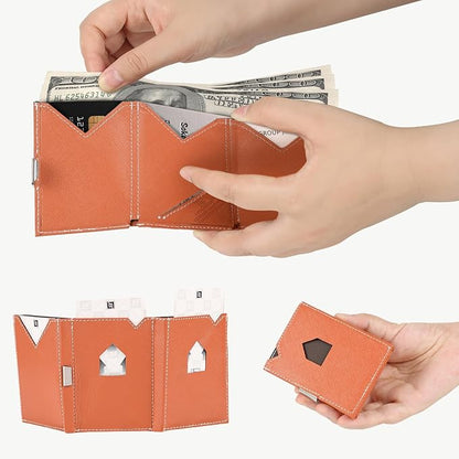 Men's Wallet, Genuine Leather RFID Blocking Slim Money Clip Wallet Minimalist Front Pocket Tri-Fold Money Clip Credit Card Holder with Present Box Orange