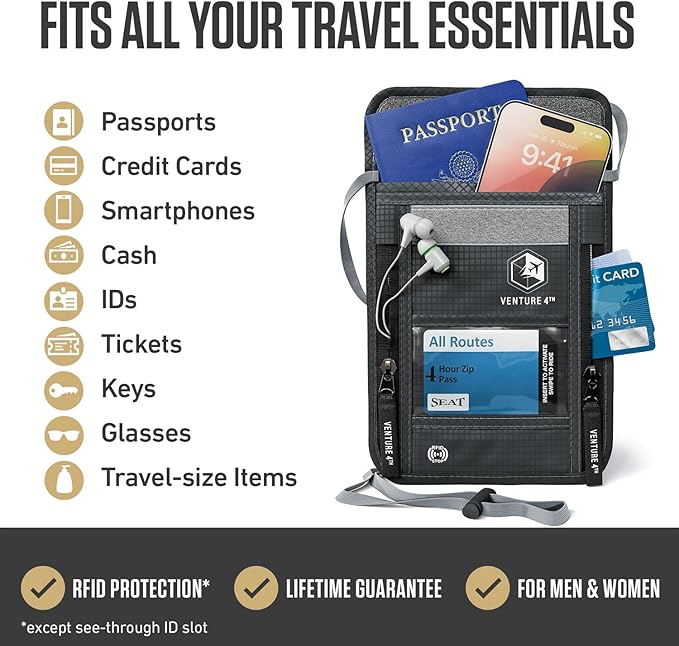 VENTURE 4TH Neck Wallet, RFID Blocking Passport Holder for Travel – Hidden Neck Pouch with 6 Compartments, Slim Lightweight Organizer with Adjustable Strap for Cash, Cards & Passport (Gray)