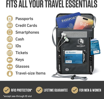 VENTURE 4TH Neck Wallet, RFID Blocking Passport Holder for Travel – Hidden Neck Pouch with 6 Compartments, Slim Lightweight Organizer with Adjustable Strap for Cash, Cards & Passport (Gray)
