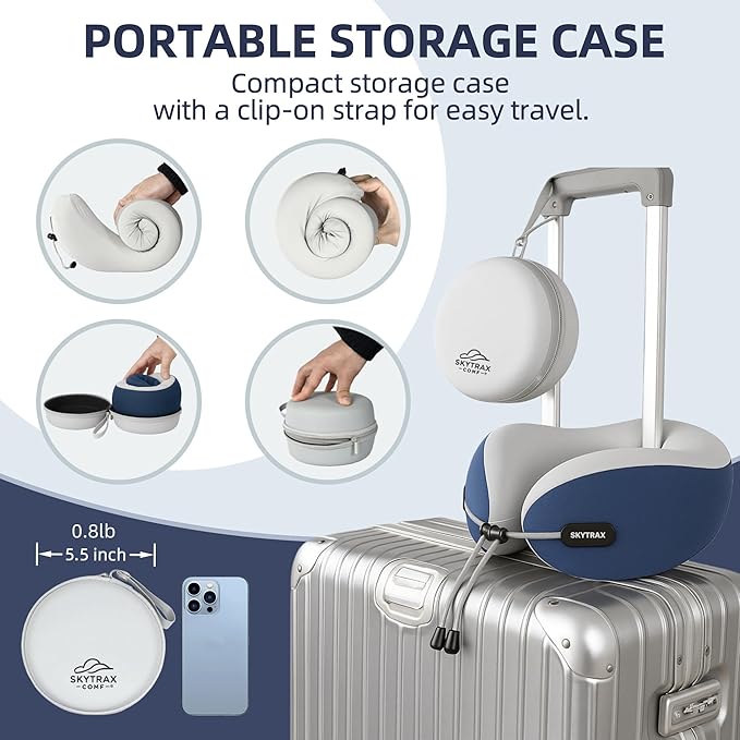 SKYTRAX COMF® Premium Ergonomic Memory Foam Travel Neck Pillow, Washable Cooling Ice Silk Cover, Firm Neck Support for Airplane Long Flights & Pain Relief, with Portable Carry Case (Navy Blue)