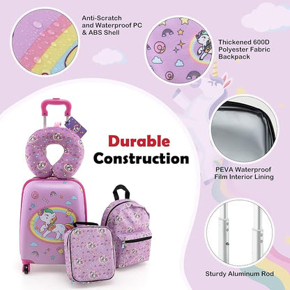 KOTEK Kids Luggage, 5 Piece Suitcase Set, 16” Hardside Spinner Luggage with Wheels, Toddler Carry on Luggage Airline Approved, Travel Rolling Suitcase for Boys Girls (Pink Owl)