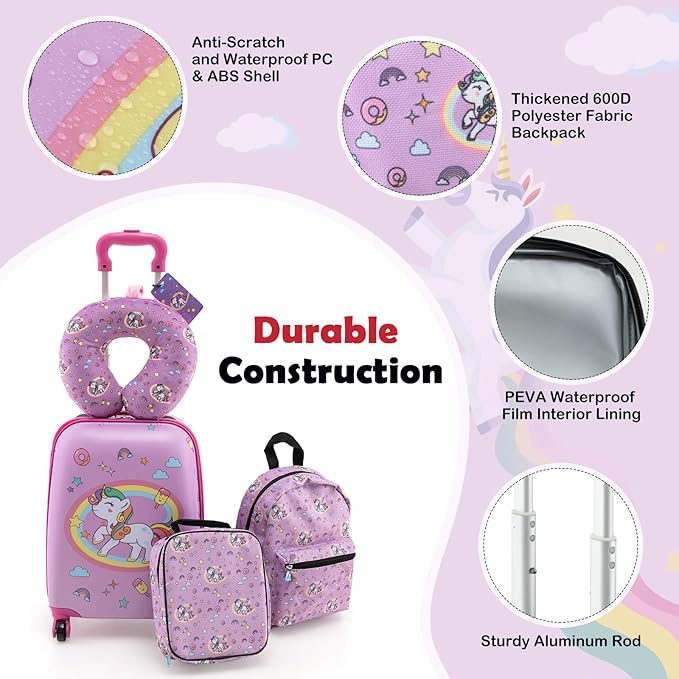 Goplus 5 Piece Kid’s Luggage Set, 16” Carry on Suitcase w/13” Backpack, Neck Pillow, Hardside Spinner Toddler Luggage, Travel Rolling Suitcase for Boys Girls Gifts (Pink, Unicorn)