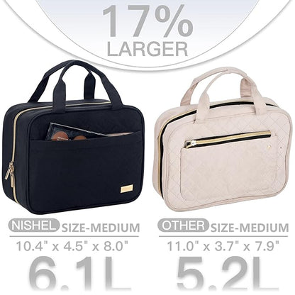 NISHEL Travel Toiletry Bag for women, Portable Hanging Organizer for Travel-Sized Shampoo, Conditioner, Brushes Set, makeup Accessories, Medium Size, Black