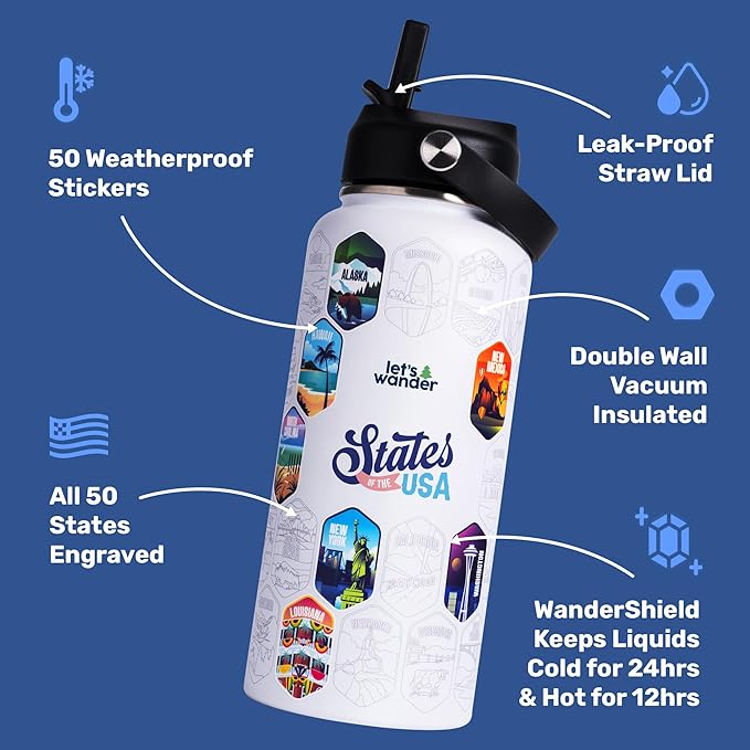 LET'S WANDER 50 States Water Bottle with Waterproof Stickers - 32oz Leakproof Insulated Stainless Steel with Straw - States of the USA Gift Bottle (White)