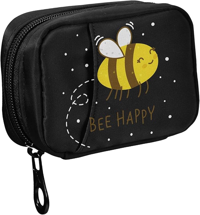 Fustylead Bee Happy Pill Organizer Case Zipper for Purse with Removable Weekly Pill Box for Medicine, Vitamin, Supplement Medicine Organizer