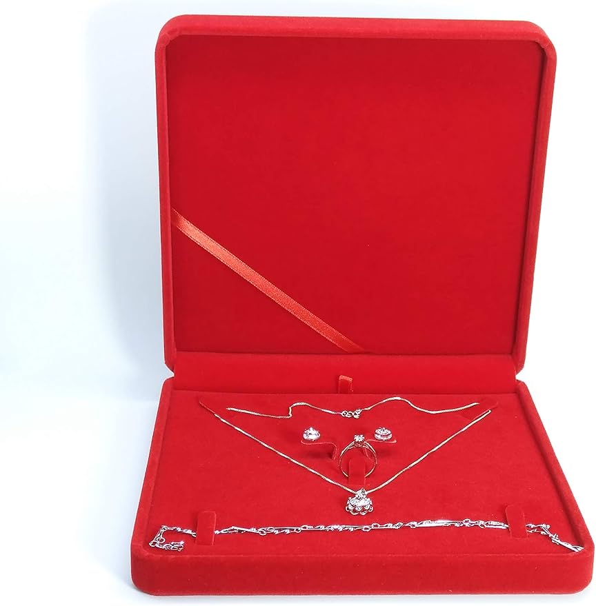 Jewelry Set Velvet Box Necklace Earring Ring Necklace Bracelet Gift Display Case Wedding Jewelry Storage Holder (Red)