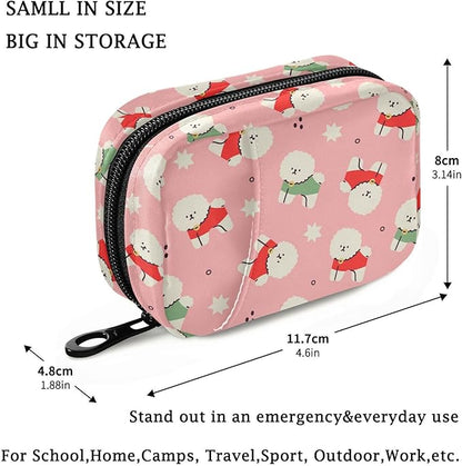 Fustylead Cute Cartoon White Fluffy Bichon Frise Dog Wearing Sweater Pill Organizer for Purse, Weekly Portable Pill Box with Zipper to Storage Vitamins Fish Oils Medications Supplements