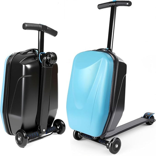 2-in-1 Ride-On Scooter Suitcase,Carry On Hardshell Ride On Suitcase Scooter for Kids Age 4-15, Multifunctional Ride On Lightweight Kids Luggage with Wheels(Size:Blue)