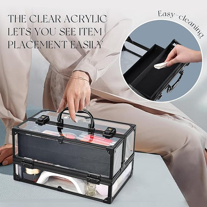 FRENESSA Portable Makeup Case Cosmetics Display Toiletry Organizer Box Transparent Acrylic Artists Train Case with 4 Trays Travel Makeup Tools Storage for Vanity Counter Dresser Organizer Black