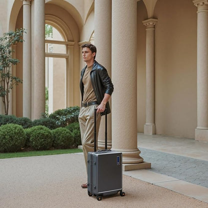 LEVEL8 Zipperless Carry On Luggage Airline Approved with Aluminum Frame, Hard Shell Suitcase with Spinner Wheels, Metal Checked Luggage with Double Tsa Locks, 20 Inch, Grey