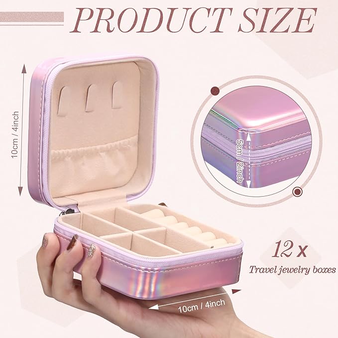 Yinkin 12 Pcs Mini Travel Jewelry Case Bridesmaid Proposal Gift Boxes, Small PU Leather Earring Organizer, Bulk Travel Accessories Portable Jewelry Holder(Glossy Pink)
