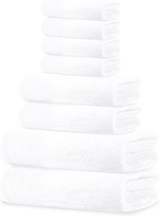 Tens Towels Pack of 8 Towels Set, 2 Extra Large Bath, 2 Hand, 4 Washcloths, 100% Cotton, Lighter Weight, Quicker to Dry, Super Absorbent, Perfect for Bathroom, White