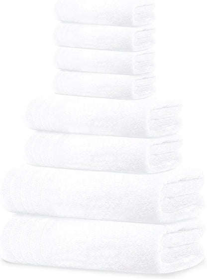 Tens Towels Pack of 8 Towels Set, 2 Extra Large Bath, 2 Hand, 4 Washcloths, 100% Cotton, Lighter Weight, Quicker to Dry, Super Absorbent, Perfect for Bathroom, White