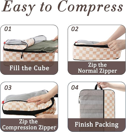 U+U 6 Set Compression Packing Cubes - Ultralight Travel Organizers with Laundry Bag, Space-Saving Suitcase Organizer for Travel, Business Trip and Family Vacation (Khaki Checkered)