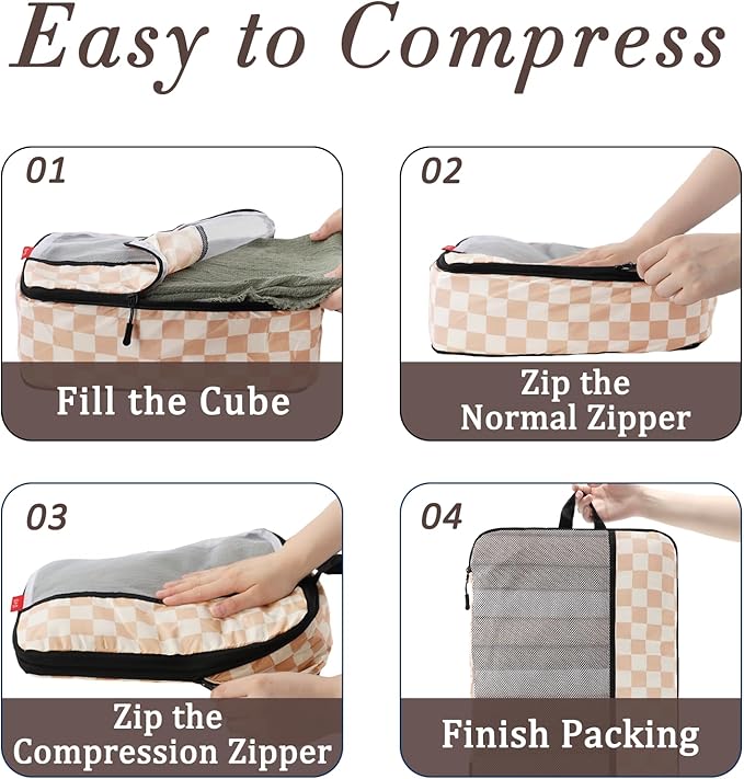 U+U 10 Set Compression Packing Cubes - Ultralight Travel Organizers with Laundry Bag and Cosmetic Bag, Space-Saving Suitcase Organizer for Travel, Business Trip and Family Vacation (Khaki Checkered)
