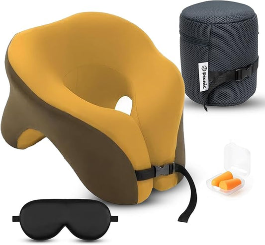 Picnic Neck Pillow for Traveling | 100% Pure Memory Foam Travel Pillow for Airplanes, Car & Office | Ergonomic Support with Adjustable Clasp, Eye Mask & Compact Travel Bag | Perfect for Relaxation
