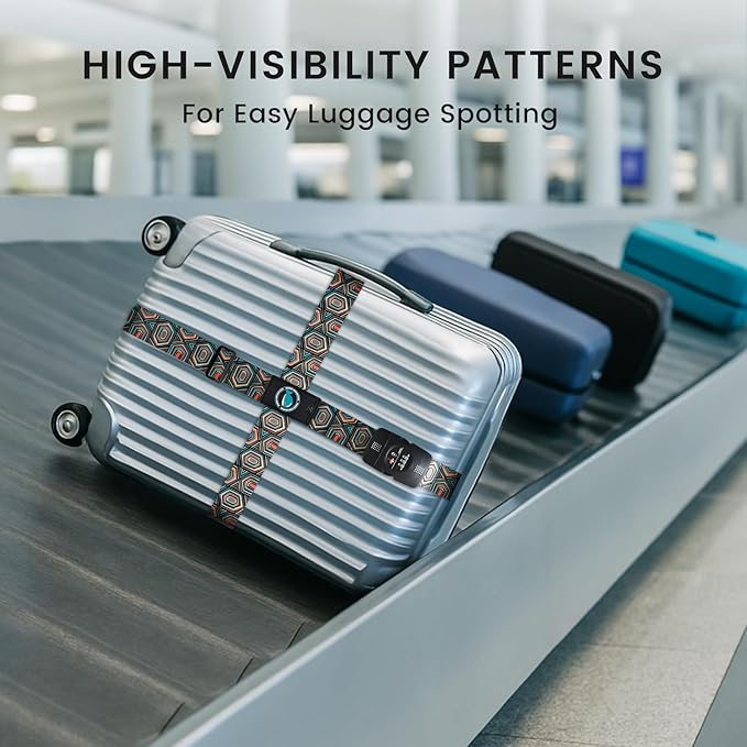 Travelkin Luggage Straps TSA Approved - Adjustable Cross Suitcase Straps with TSA Lock, Reinforced Buckle, Unique Pattern - Secure Heavy Duty Luggage Straps for Travel (Geometry)