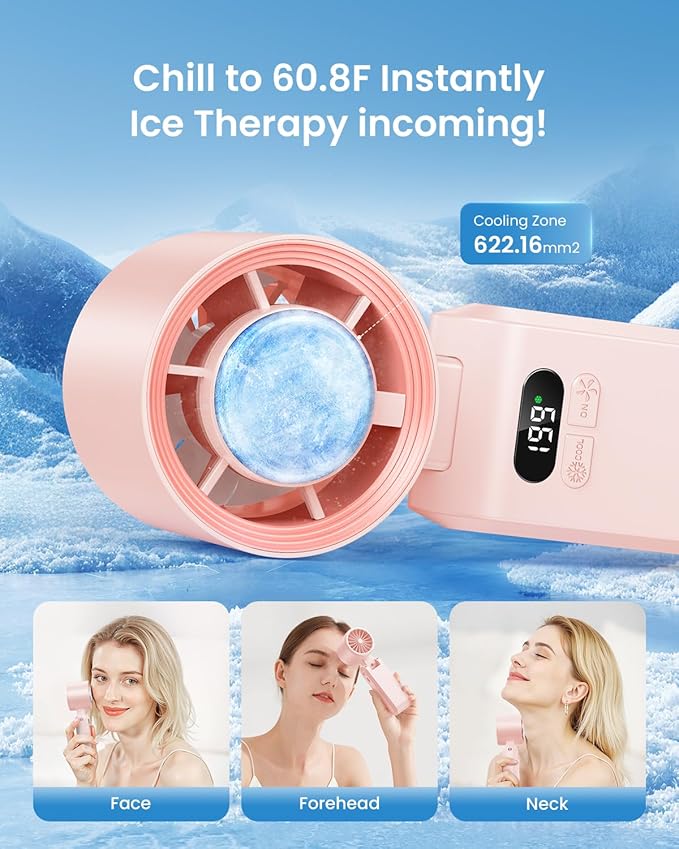 Handheld Portable Turbo Fan with Ice Cooler, Speed (1-199) 5500mAh Rechargeable Personal Fan,[20H Cooling Time] Mini Yet Powerful [20000 RPM] Small Pocket Fans for Travel/Outdoor/Home/Office, Pink