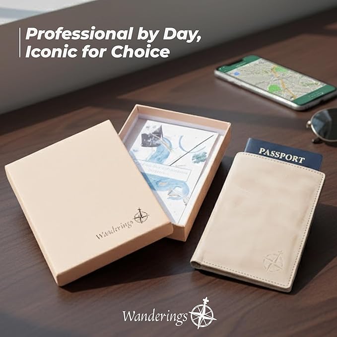 WANDERINGS Leather Travel Wallet with Passport Holder - 5.5" x 4" - Genuine Leather Case with RFID Blocking for Men and Women - Folding Wallet for Passports - Oat Color
