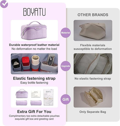 BOYATU Travel Makeup Bags for Women: 3 Pcs Set Wide Open Cosmetic Bag - Portable Make up Bags with Handle - Vegan Leather Toiletry Organizer Bag with Divider (G-01-Purple)