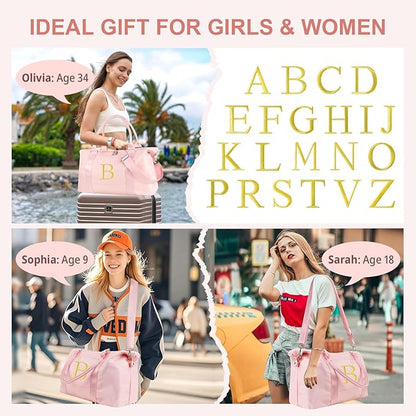 Personalized Initial Gym Dance Bag, Travel Duffel Bag for Teen Girls, Carry On Bag Overnight Weekender Bag with Trolley Sleeve, Birthday Gifts for Women Mom Daughter Graduation Gift(Letter B, Pink)