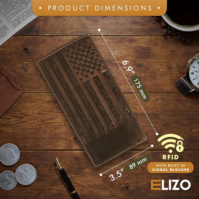 ELIZO Leather Long Wallet for Men Western Wallet Rodeo Mens Wallet Flat Bifold Wallets for Men Biker Billfold Wallet for Men Cowboy Wallet RFID Wallet for Men with Credit Card Holder