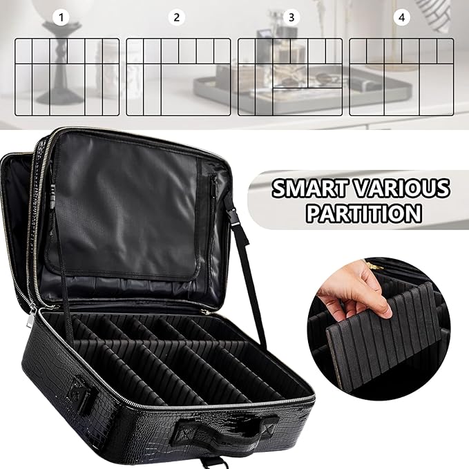 gzcz Large Capacity Travel Makeup Case Organizer,Professional Cosmetic Bags for Women,Waterproof PU Leather Makeup Bag with Adjustable Dividers and Shoulder Strap for Brushes and Jewelry