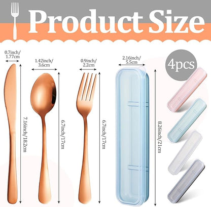 Yinkin 4 Pack Portable Travel Utensils Set with Case Reusable Stainless Steel Silverware Flatware Camping Cutlery Include Fork Spoon Knife for Work School Dishwasher Safe(Clear Series)