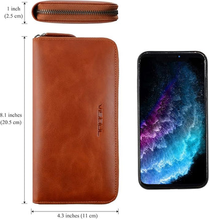 VISOUL Leather Long Zipper Pouch Wallet for Men and Women with RFID Blocking, Large Clutch Cash Long Wallet with Zipper (Orange)