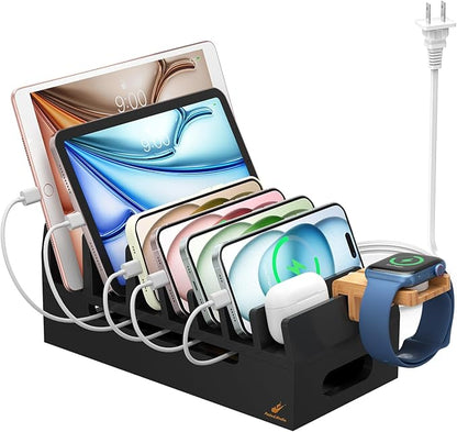 Pezin & Hulin Bamboo Charging Station with Watch Stand, Docking Holder for Multi Device with 5 Port USB Charger HUB, 5 Charge Cables, Desktop Electronic Organizer for Cellphone, Tablet, Watch-Black