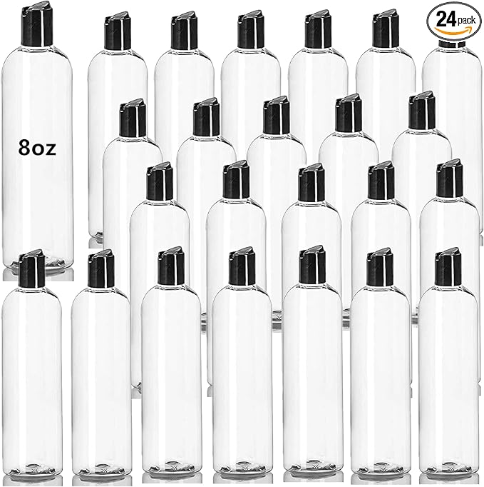 24 Pack 8oz Clear Plastic Empty Bottles, Refillable Travel Containers with Disc Top Flip Caps, Squeezable Shampoo Bottles for Toiletries Liquid Soap, Lotions, Cream, Creams, BPA Free