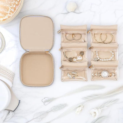 Vlando Travel Jewelry Box Organizer - 6 Small Velvet Zipped Pouches Pockets for Jewelries Necklaces Rings Earrings Sorting Storage, Strawberry Pink