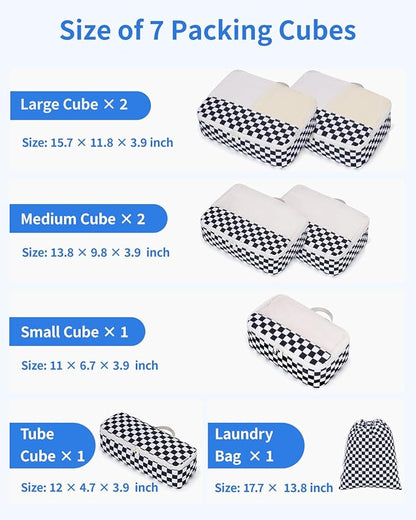 Narwey 7 Set Checkered Packing Cubes for Travel Carry on Suitcase Luggage Organizer Bags for Kids Women Men, Durable Packing Organizers Bag, Travel Essentials Accessories (Black Checkerboard)