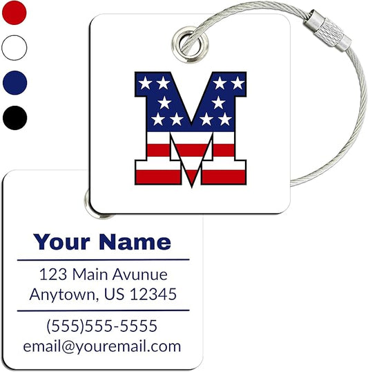 USA Initial Luggage Tag | 6 Pack | Personalized Luggage Tags for Suitcases | Choose Monogram Letter | Custom Fonts & Colors | Choose Tag Color