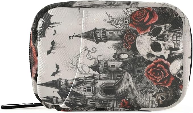 Pill Organizer Box Case Weekly Travel Pill Container Holder 7Day Cute Vitamin Organizer Dispenser Sorter Planner Storage Small Compact Halloween Castle Skull Rose Bat05