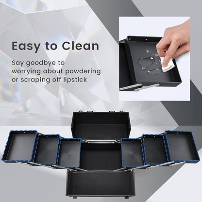 FRENESSA Makeup Train Case Makeup Case 11.8 Inch Large Cosmetic Box Organizer Travel Storage Professional Make Up Train Carrying Case with 6 Trays Locking Hard Vanity Storage Dark Black