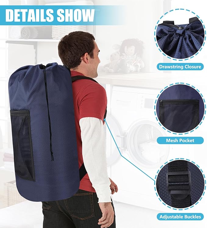 Portable with Adjustable Shoulder Straps Travel Dirty Laundry Bag,with Drawstring Closure & Mesh Pocket Backpack Laundry Bag for College,Apartment,Camping(Dark Blue)