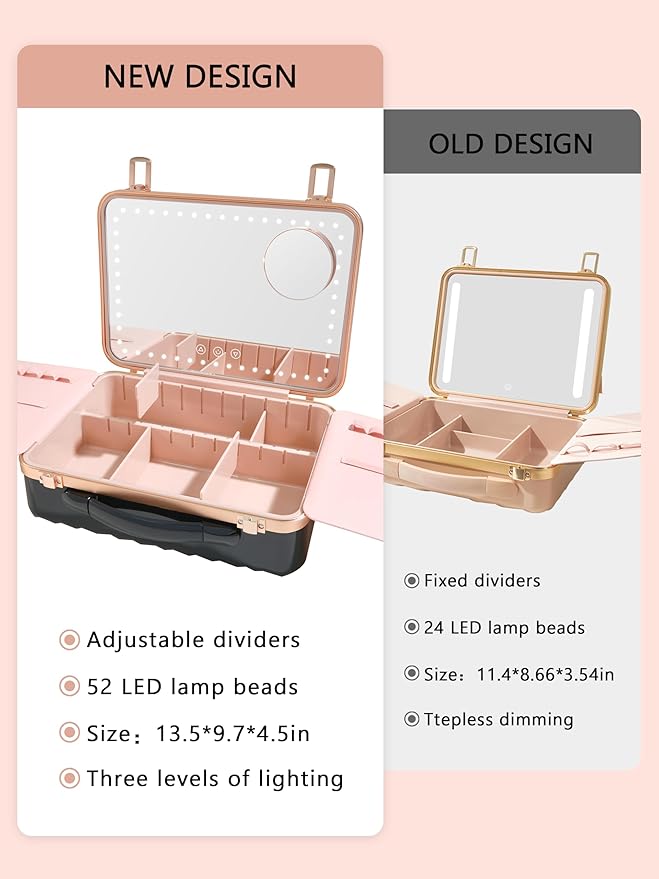 ROWNYEON Travel Makeup Case With Light Up Mirror Removable divider Portable Train Case Organizer Makeup Box for Girls Makeup Artist, Hairstylist Travel Makeup Case with 10x Mirror (Black)