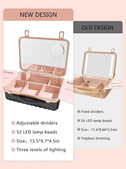 ROWNYEON Travel Makeup Case With Light Up Mirror Removable divider Portable Train Case Organizer Makeup Box for Girls Makeup Artist, Hairstylist Travel Makeup Case with 10x Mirror (Black)
