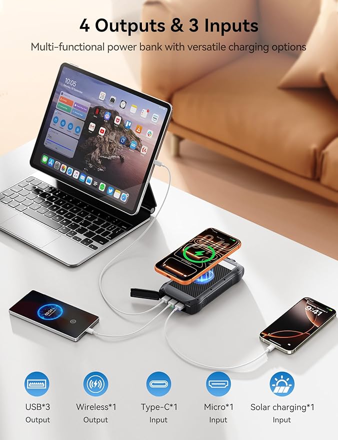 Solar Charger Power Bank, 40000mAh Wireless Portable Charger QC3.0 PD 20W Fast Charging with USB-C in/Output, External Battery Pack with Dual Flashlights Hiking Camping Essential