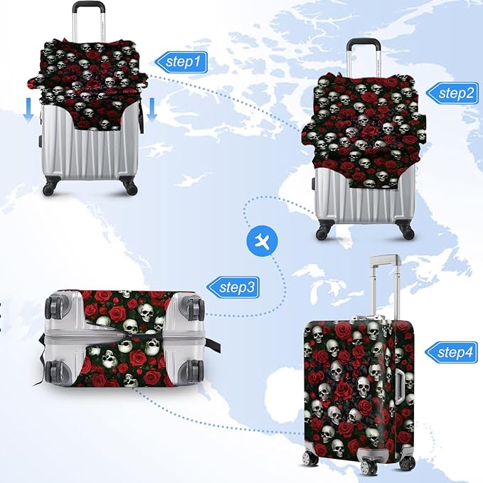 ANNA QUEEN Flower Skull Luggage Cover Washable Suitcase Protector Suitcase Cover Anti-Scratch,Stretchable Fit for 18-32Inch Luggage,Travel Bag Cover L(fits 26-28Inch suitcase)