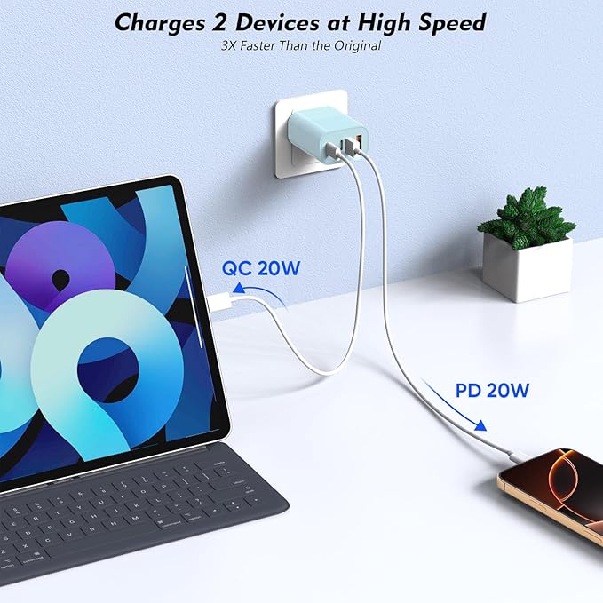 40W iPhone 17 Fast Charger Block,3Pack 4-Port USB C Charging Blocks QC Wall Plug+PD 3.0 Power Adapter Multiport Apple USB C Charging Plug for iPhone 17/Air/Pro/16/16e/15/15 Pro Max/14/13/12/iPad(Blue)