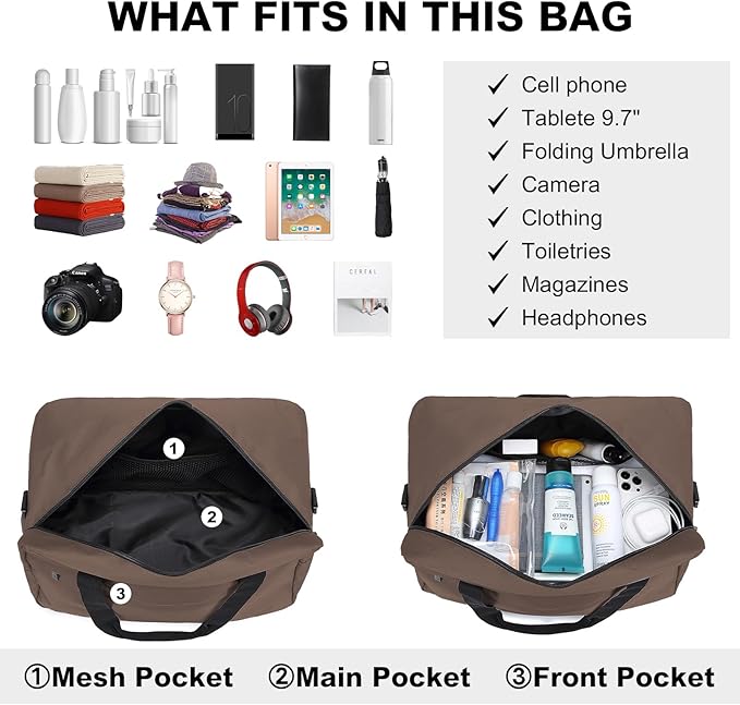 Kono Travel Duffel 20L Under Seat Carry-On Sports Tote Gym Weekender Overnight Bag - Brown, 15.75"x9.84"x7.87"