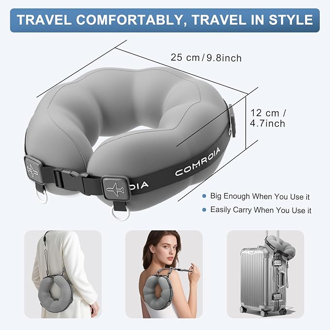 Travel Neck Pillow for Airplane, Super Soft Neck Support Travel Pillow - Lightweight and Stylish Convertible Style - Ergonomic Design for Long Flights, Car, Train & Office Use (Grey)