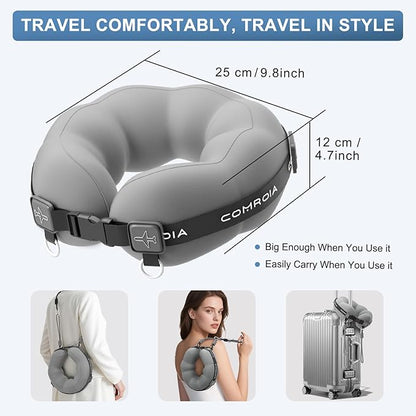 Travel Neck Pillow for Airplane, Super Soft Neck Support Travel Pillow - Lightweight and Stylish Convertible Style - Ergonomic Design for Long Flights, Car, Train & Office Use (Grey)