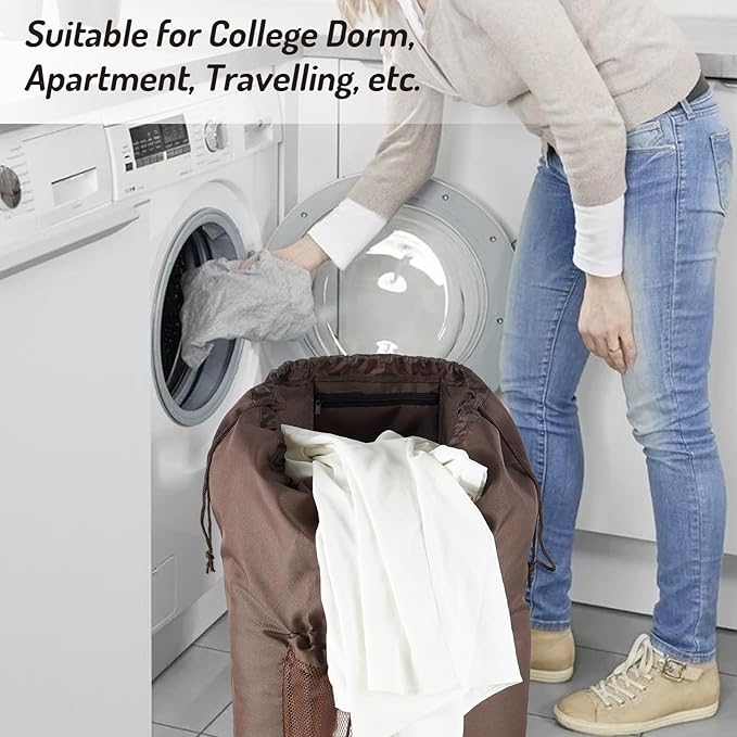 Large Laundry Backpack Bag with Detergent Holder and Adjustable Shoulder Straps, Clothes Laundry Backpack for College, Travel, Apartment, Laundromat, Dorm Room (Brown)