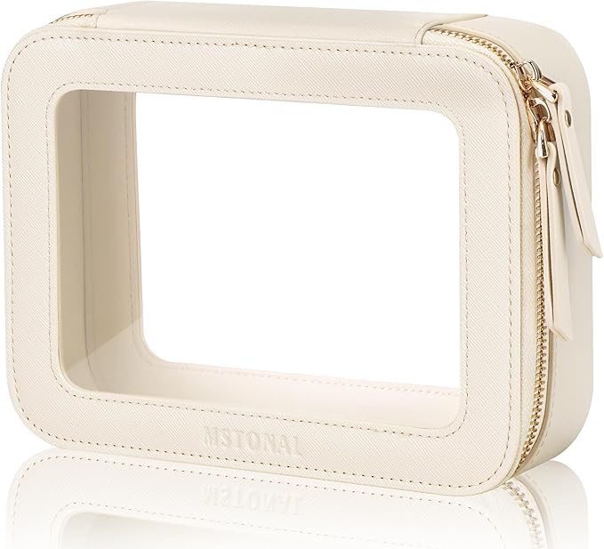 Clear Makeup Bag, Travel Toiletry Bag Cosmetic Case for Women, Waterproof Portable Make Up Skincare Pouch with Zipper, Compact Car Organizer Bag for Essentials, Medium Size, Beige