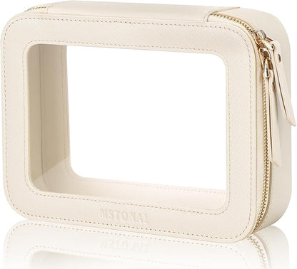Clear Makeup Bag, Travel Toiletry Bag Cosmetic Case for Women, Waterproof Portable Make Up Skincare Pouch with Zipper, Compact Car Organizer Bag for Essentials, Medium Size, Beige