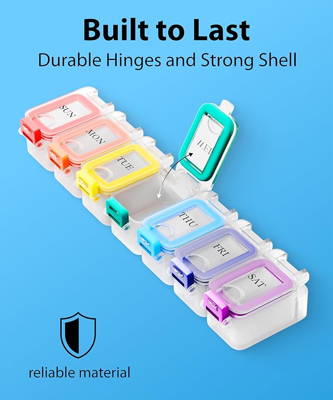Weekly Pill Organizer 1 time a Day – Pill Box 7 Day with Enhanced Waterproof Seal, Large compartments Hold Big Vitamins & Supplements, Upgraded Locking lids, for Home & Travel use, Durable Hard case