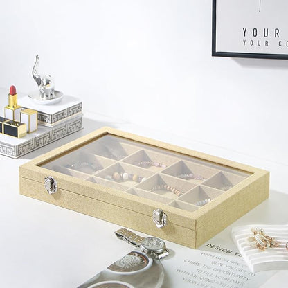 Coward Jewelry Organizer Box, Yellow Linen 12 Grids Bracelet Bangle Necklace Jewelry Display Tray Case with Transparent Glass Lid for Home Drawer Desk or Store Selling Show